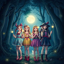 Four teenage girls in a mystical forest at night, each holding a glowing magic wand