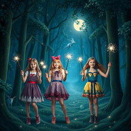 Four teenage girls in a mystical forest at night, each holding a glowing magic wand