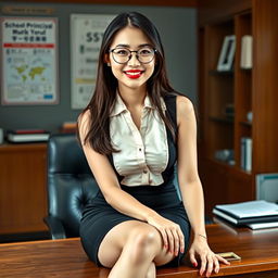 A seductive Korean woman, approximately 40 years old, confidently sitting on a desk in a school principal's office