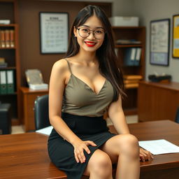 A seductive Korean woman, approximately 40 years old, confidently sitting on a desk in a school principal's office