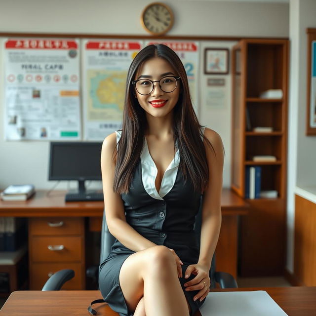 A seductive Korean woman, approximately 40 years old, confidently sitting on a desk in a school principal's office