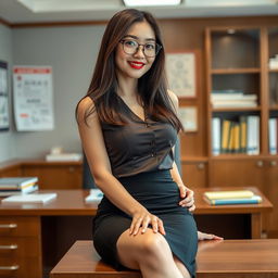 A seductive Korean woman, approximately 40 years old, confidently sitting on a desk in a school principal's office