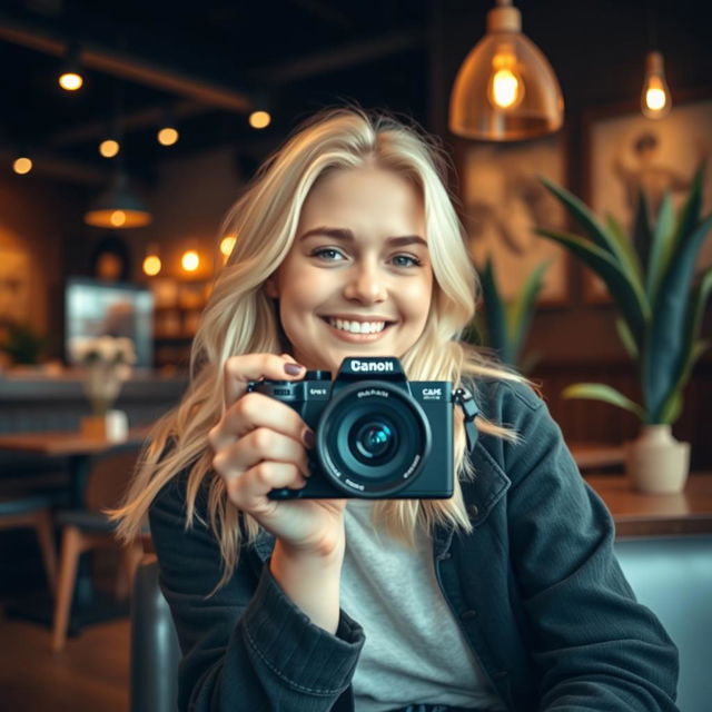 A blonde girl sitting in a cozy coffee shop, smiling playfully as she holds a camera up towards the viewer