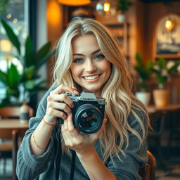 A blonde girl sitting in a cozy coffee shop, smiling playfully as she holds a camera up towards the viewer