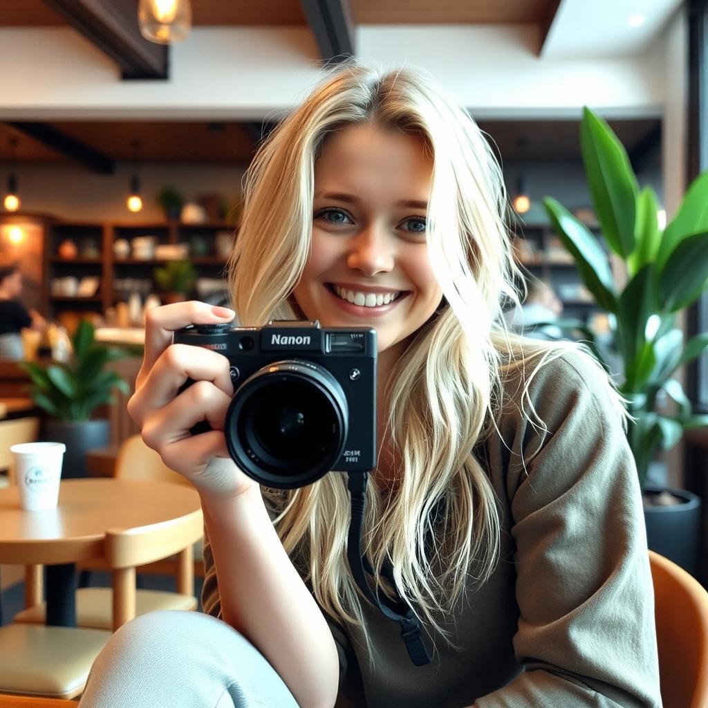 A blonde girl sitting in a cozy coffee shop, smiling playfully as she holds a camera up towards the viewer