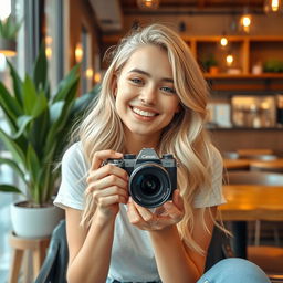 A blonde girl sitting in a cozy coffee shop, smiling playfully as she holds a camera up towards the viewer