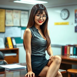 A seductive Korean woman, approximately 40 years old, sitting confidently on a desk in a school's principal's office
