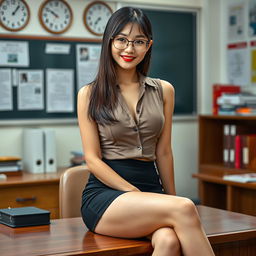 A seductive Korean woman, approximately 40 years old, sitting confidently on a desk in a school's principal's office