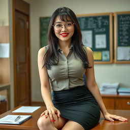 A seductive Korean woman, approximately 40 years old, sitting confidently on a desk in a school's principal's office