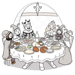 A whimsical medieval banquet scene featuring a cute and childish atmosphere