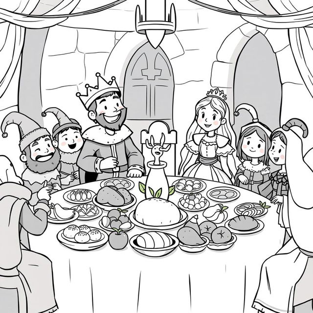 A whimsical medieval banquet scene featuring a cute and childish atmosphere