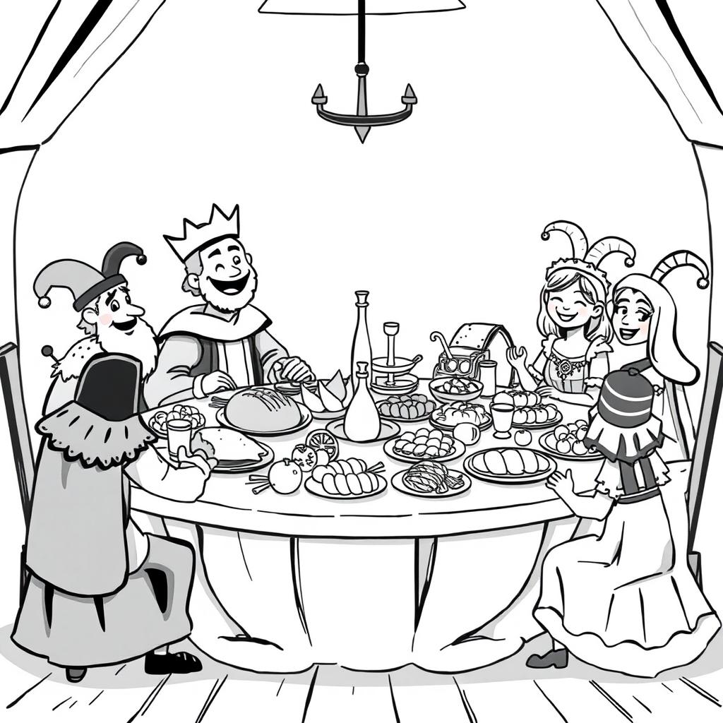 A whimsical medieval banquet scene featuring a cute and childish atmosphere