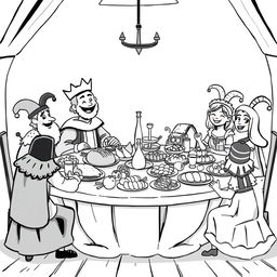 A whimsical medieval banquet scene featuring a cute and childish atmosphere