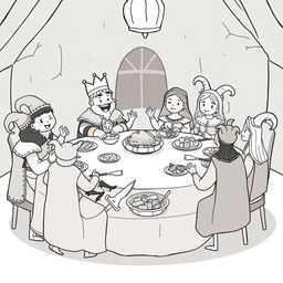 A whimsical medieval banquet scene featuring a cute and childish atmosphere