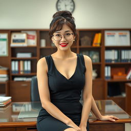 A seductive Korean woman, approximately 40 years old, sitting on a desk in a school principal's office with a confident demeanor