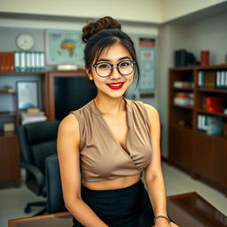 A seductive Korean woman, approximately 40 years old, sitting on a desk in a school principal's office with a confident demeanor