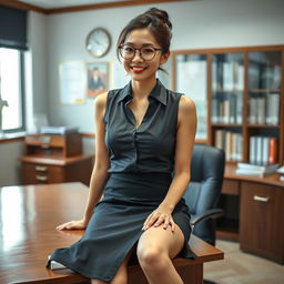 A seductive Korean woman, approximately 40 years old, sitting on a desk in a school principal's office with a confident demeanor