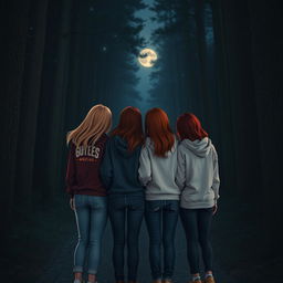 Four teenage girls seen from behind, standing close together in a dark, enchanting forest at night