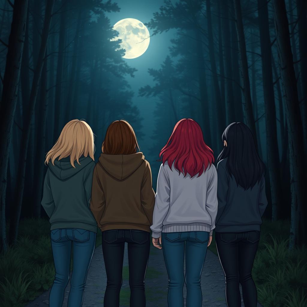 Four teenage girls seen from behind, standing close together in a dark, enchanting forest at night