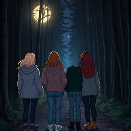 Four teenage girls seen from behind, standing close together in a dark, enchanting forest at night
