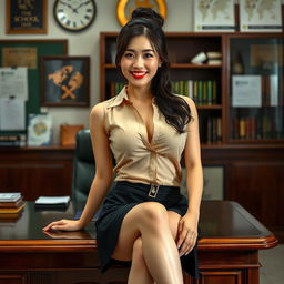 A seductive Korean woman, around 40 years old, sitting on a desk in a school's principal's office with a confident and alluring presence