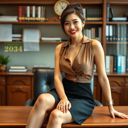 A seductive Korean woman, around 40 years old, sitting on a desk in a school's principal's office with a confident and alluring presence