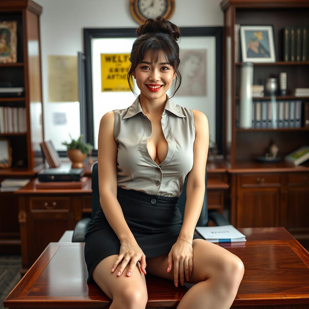 A seductive Korean woman, around 40 years old, sitting on a desk in a school's principal's office with a confident and alluring presence