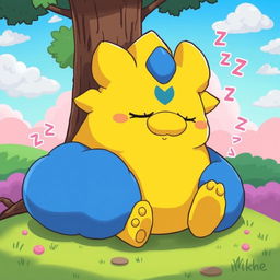 A whimsical illustration of a Drowzee Pokémon, depicted as a drowsy, cartoonish creature with a distinct yellow body, a large round belly, and a long curly nose
