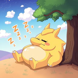 A whimsical illustration of a Drowzee Pokémon, depicted as a drowsy, cartoonish creature with a distinct yellow body, a large round belly, and a long curly nose