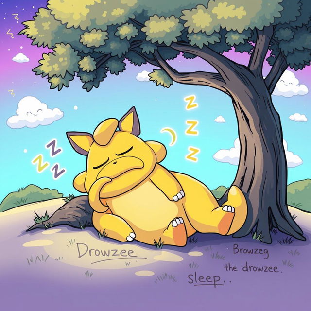 A whimsical illustration of a Drowzee Pokémon, depicted as a drowsy, cartoonish creature with a distinct yellow body, a large round belly, and a long curly nose