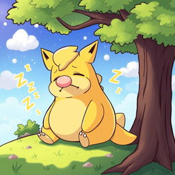 A whimsical illustration of a Drowzee Pokémon, depicted as a drowsy, cartoonish creature with a distinct yellow body, a large round belly, and a long curly nose