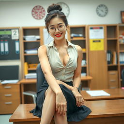 A seductive Korean woman, approximately 40 years old, sitting on a desk in a school's principal's office