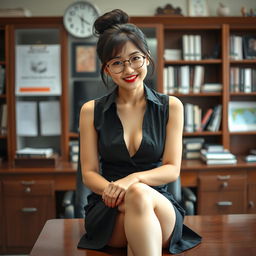 A seductive Korean woman, approximately 40 years old, sitting on a desk in a school's principal's office