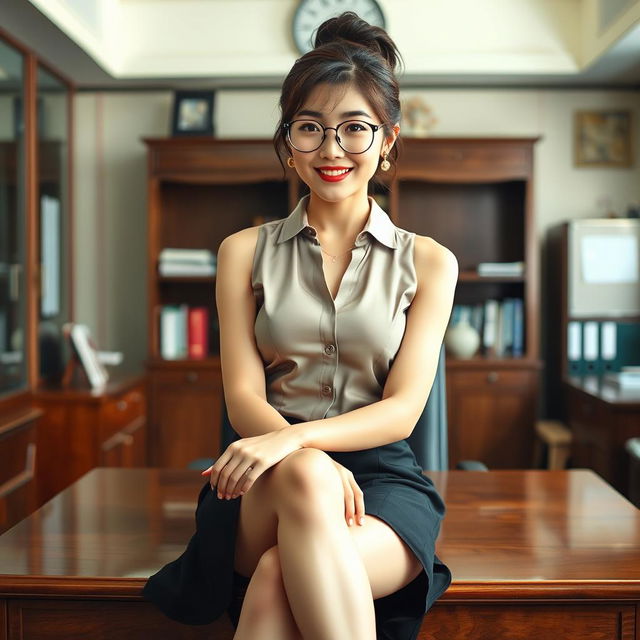 A seductive Korean woman, approximately 40 years old, sitting on a desk in a school's principal's office