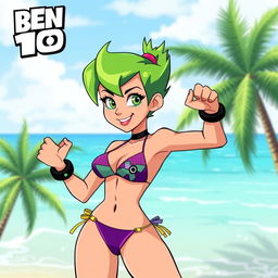 A stylized illustration of a female character inspired by the design of Ben 10, wearing a vibrant and adventurous bikini