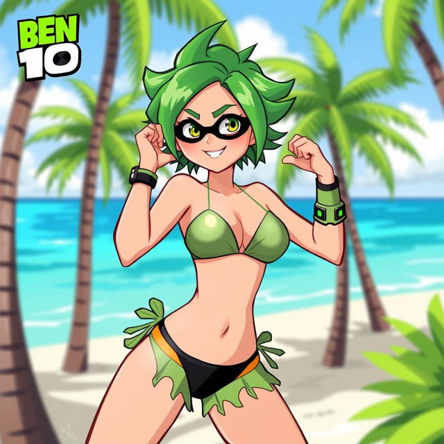 A stylized illustration of a female character inspired by the design of Ben 10, wearing a vibrant and adventurous bikini