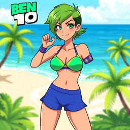 A stylized illustration of a female character inspired by the design of Ben 10, wearing a vibrant and adventurous bikini