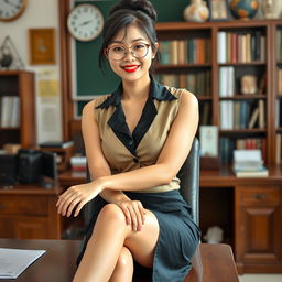A sexy Korean woman, approximately 40 years old, exuding confidence as she sits on a desk in a school's principal's office