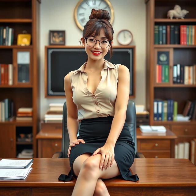 A sexy Korean woman, approximately 40 years old, exuding confidence as she sits on a desk in a school's principal's office