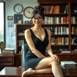 A sexy Korean woman, approximately 40 years old, exuding confidence as she sits on a desk in a school's principal's office