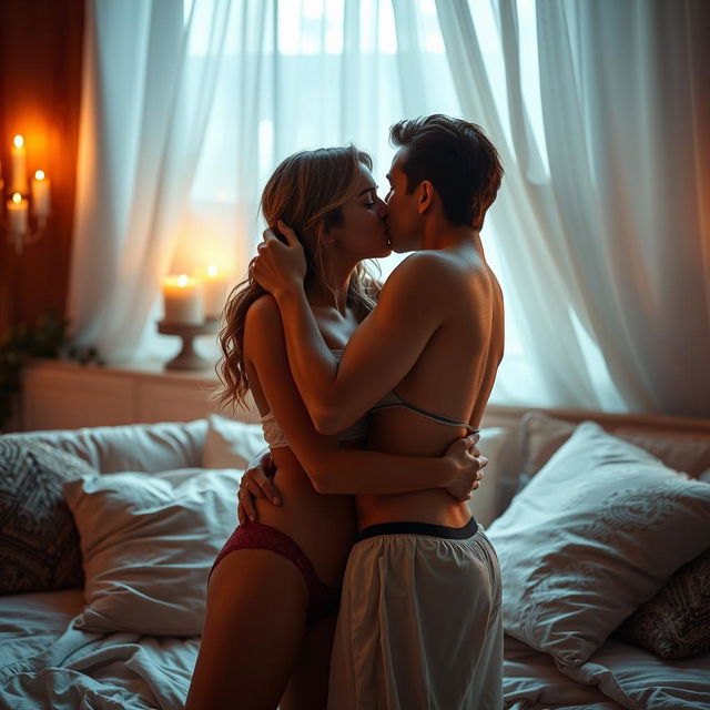 A sensual, intimate scene between two adults embracing each other in a warmly lit room, surrounded by soft pillows and plush fabrics, accentuating their love and connection