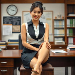 A captivating Korean woman, approximately 40 years old, exuding charm and confidence as she sits on a desk in a school's principal's office