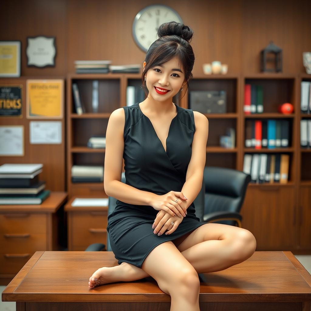 A captivating Korean woman, approximately 40 years old, exuding charm and confidence as she sits on a desk in a school's principal's office