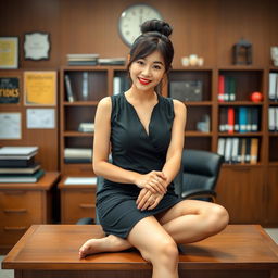 A captivating Korean woman, approximately 40 years old, exuding charm and confidence as she sits on a desk in a school's principal's office