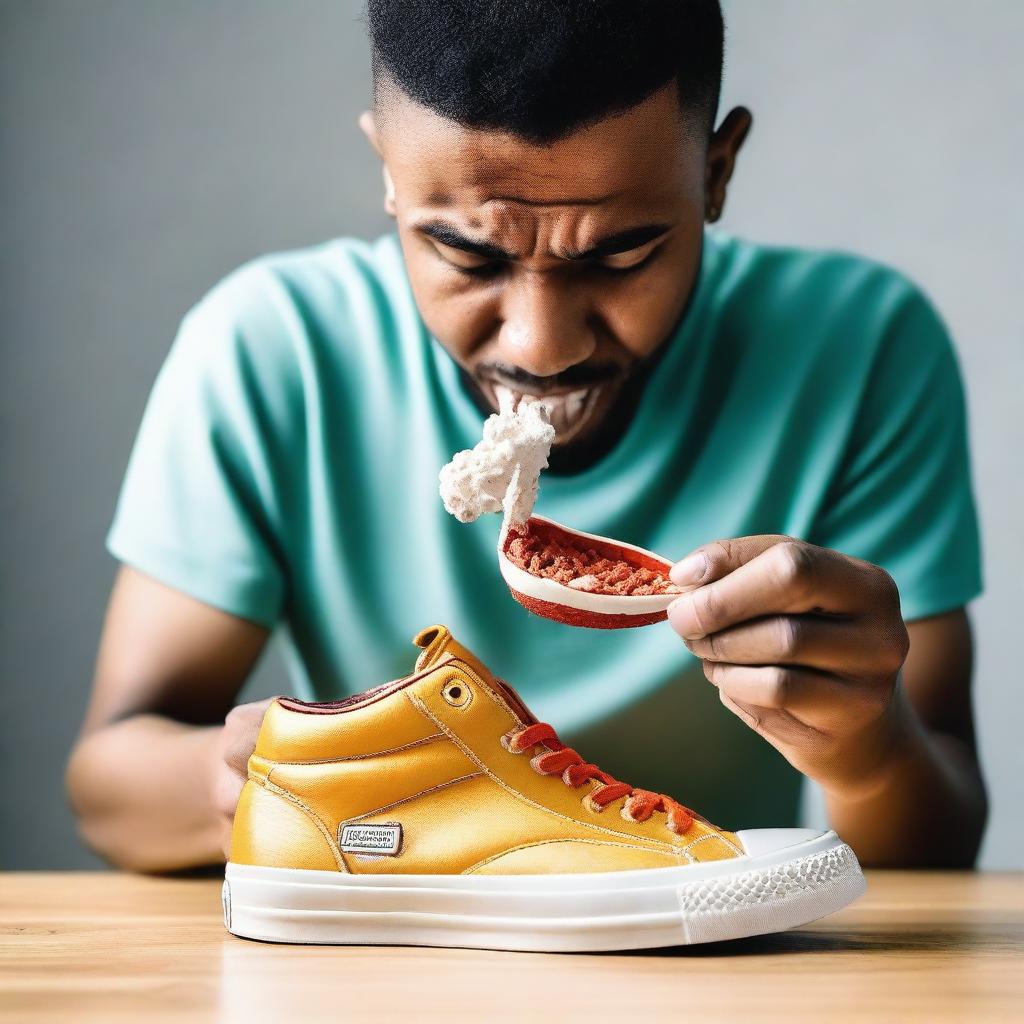 A high-quality real-life photograph of a person actually eating a sneaker