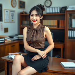 A captivating Korean woman, approximately 40 years old, exuding charm and confidence as she sits on a desk in a school's principal's office