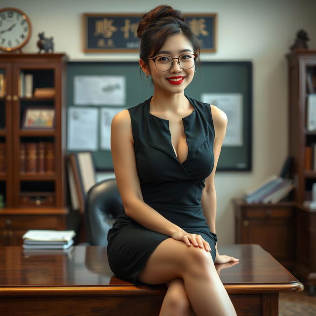 A captivating Korean woman, around 40 years old, exuding confidence and allure as she sits on a desk in a school's principal's office