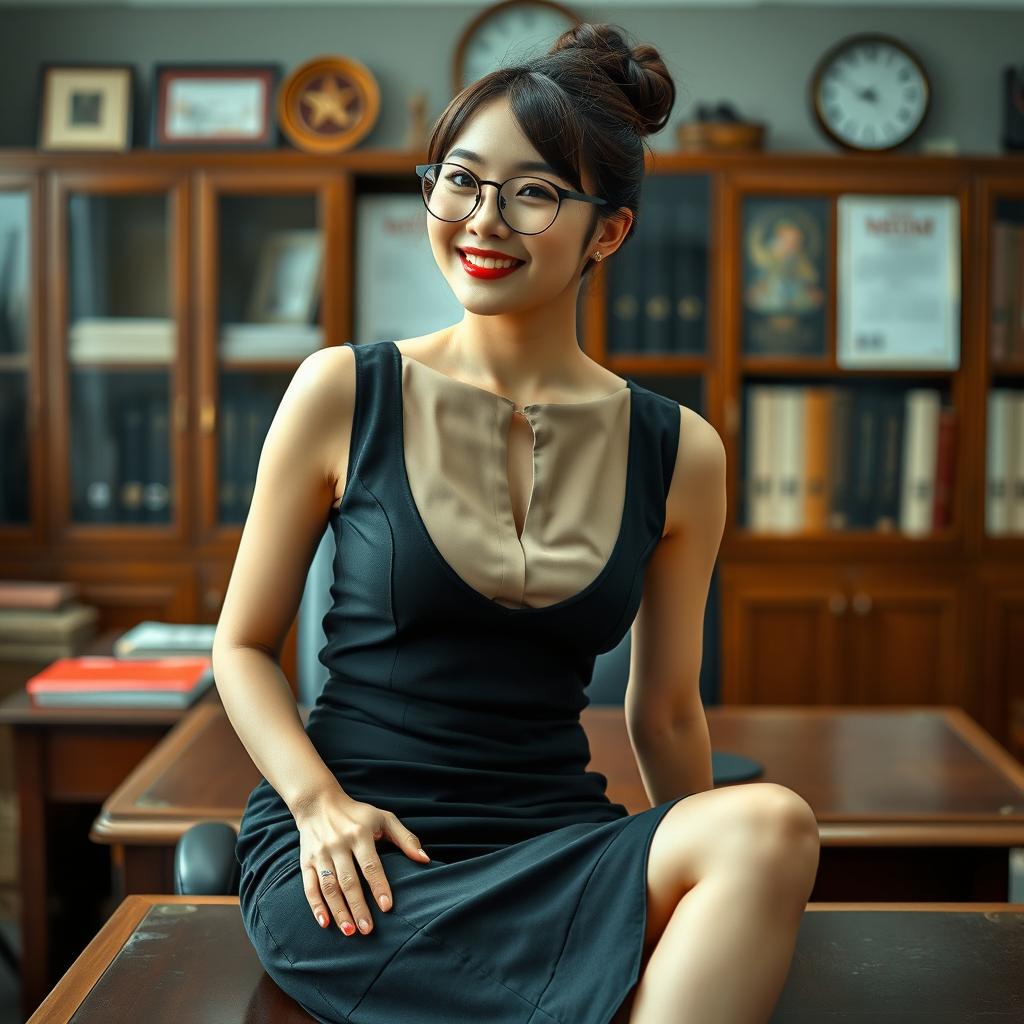 A captivating Korean woman, around 40 years old, exuding confidence and allure as she sits on a desk in a school's principal's office