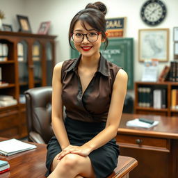 A captivating Korean woman, around 40 years old, exuding confidence and allure as she sits on a desk in a school's principal's office