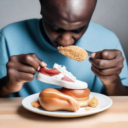 A high-quality real-life photograph of a person actually eating a sneaker